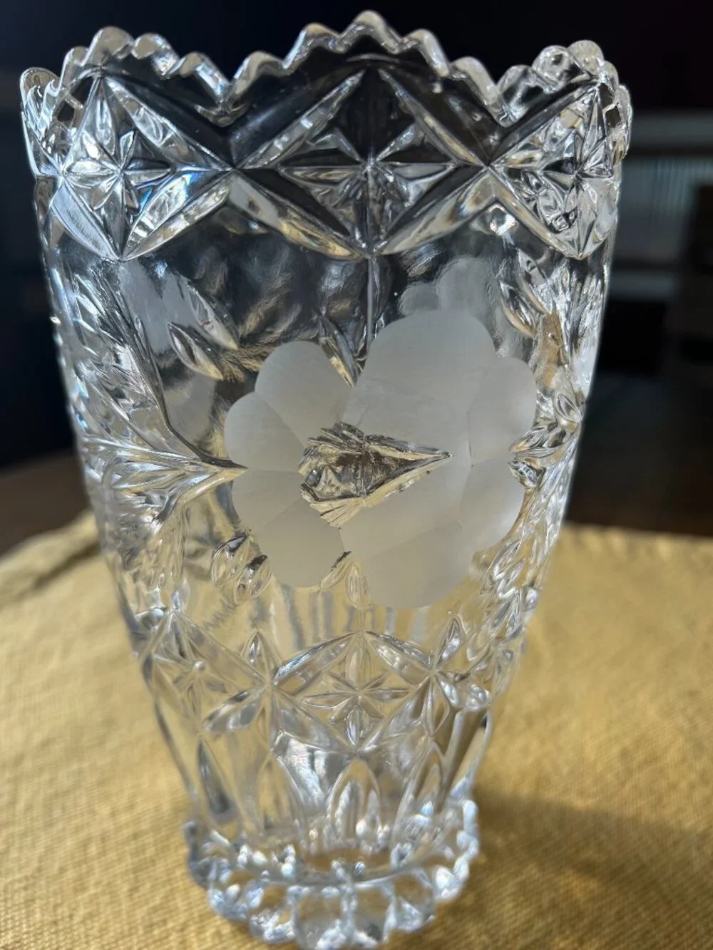 Vintage  Cut & etched full lead crystal  vase featuring sawtooth rim & frosted f